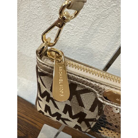 Michael Kors Multifunction Small Logo Coin Purse - Signature  Michael Kors Women\'s Handbag Purse Brown Coated Canvas Gold Sequin Wristlet